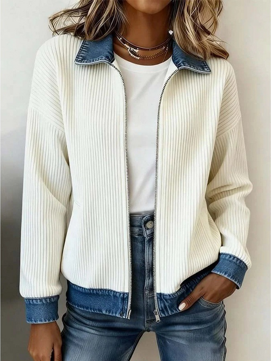 Women Spring/Fall Outerwear Casual Contrast Stitching Long Sleeve Shawl Collar Jacket