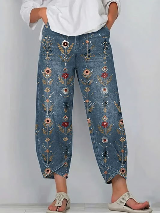 Women Geometric Capris Pants Vintage Summer Trousers