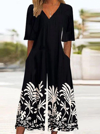 Women's Floral V Neck Half Sleeve Casual Summer Jumpsuits