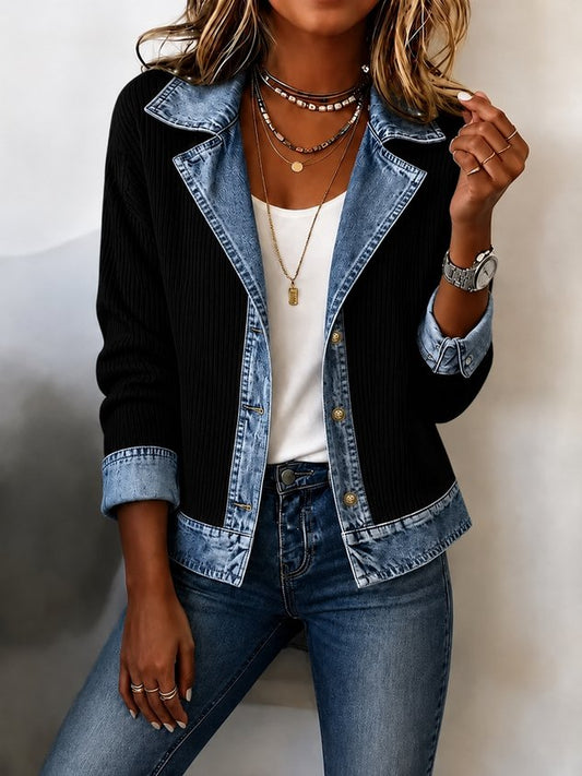 Women Spring/Fall Outerwear Vintage Split Joint Contrast Stitching Long Sleeve Lapel Collar Jacket