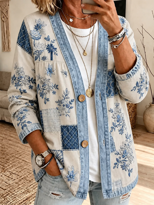 Women Spring/Fall Outerwear Casual Printing Floral Long Sleeve Jacket