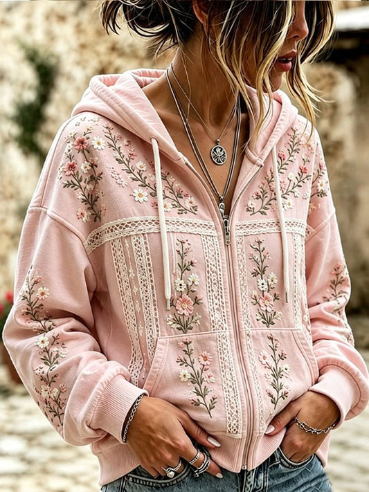 Women Spring/Fall Outerwear Casual Floral Long Sleeve Hoodie Jacket